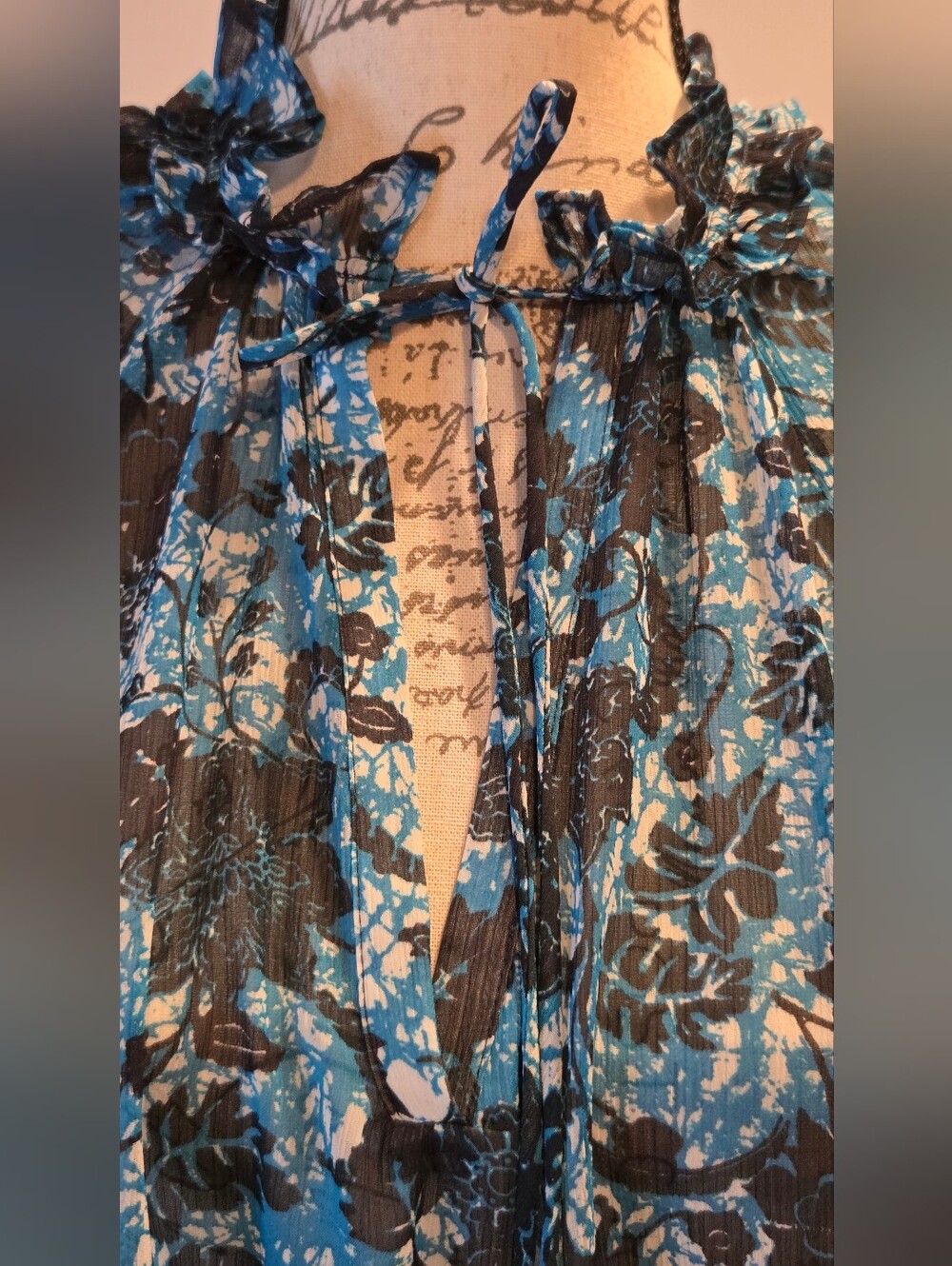 Anthropologie Blue Floral Tie-Neck Sheer Blouse, Size S. - Picture 9 of 15